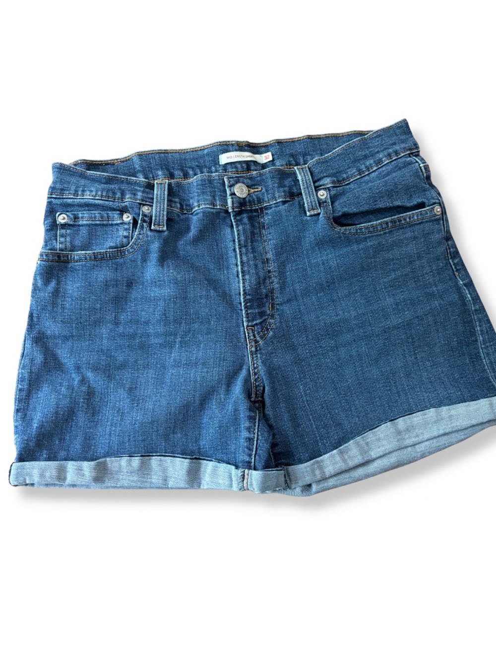 Levi’s Mid Length Shorts Women 32 Blue Denim Cuffed Stretch Jean Shorts